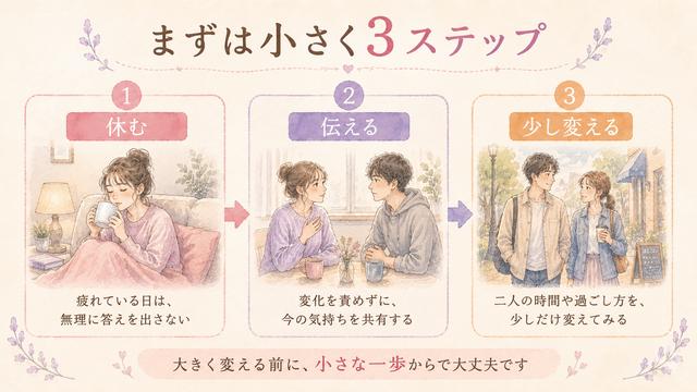 倦怠期かもしれないときの小さな3ステップを示した図