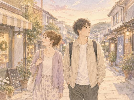 いつもと違う街を一緒に歩くカップル