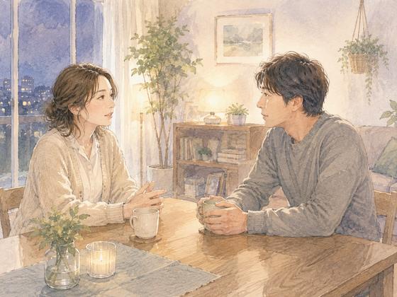落ち着いた時間に向かい合って話すカップル