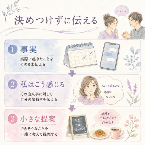 倦怠期の話し合いで決めつけを避ける伝え方の図
