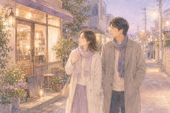 いつもと違う道の小さな店を見つけるカップル