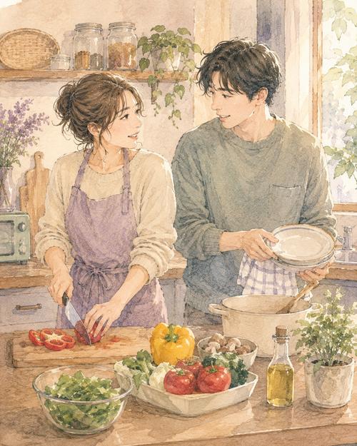 一緒に夕食を作りながら自然に会話するカップル