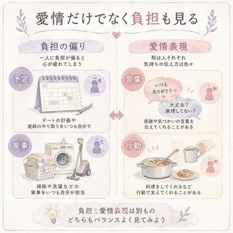 カップルの役割の偏りと愛情表現を分けて考える図
