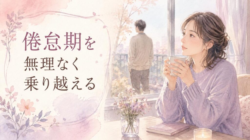 倦怠期の二人の関係を静かに見つめ直す女性のイラスト