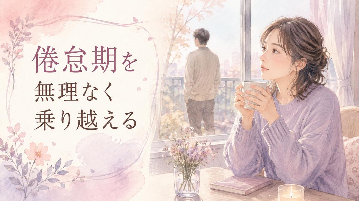 倦怠期の二人の関係を静かに見つめ直す女性のイラスト