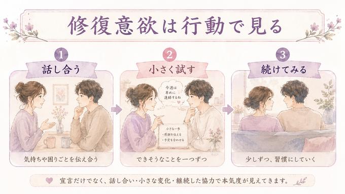 関係を良くしたい気持ちを言葉と行動と継続で示す図