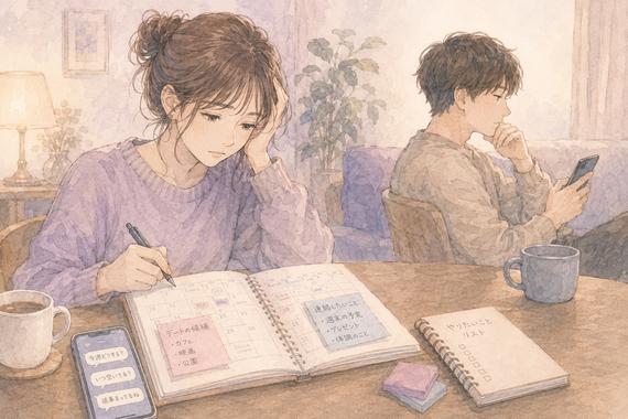 予定調整や連絡を一人で抱えて疲れている女性と無関心な恋人