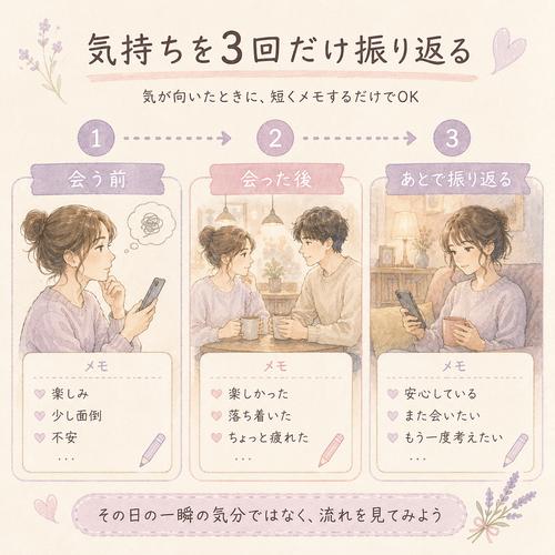 会う前と会った後と後日の気持ちを三回振り返るメモの図