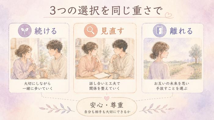 続けると見直すと離れるの三つの選択肢を同じ重さで並べた図