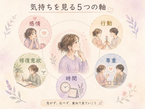 倦怠期と冷めた状態を見極める五つの判断軸をまとめた図