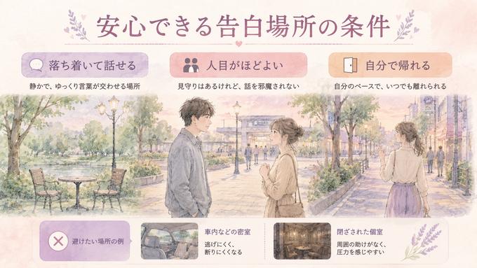 安心できる告白場所の条件を整理した図
