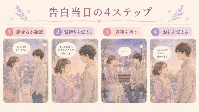 告白当日の切り出しからお礼までの4ステップを示す図