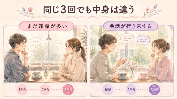 同じ3回のデートでも関係の深まりが異なる二組を比較した図
