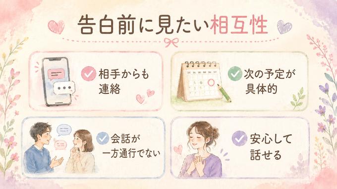 告白を考えるときに見る相互性の四つのサインをまとめた図解