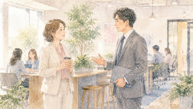 職場で立場の違う相手に配慮し、距離を保って話す二人
