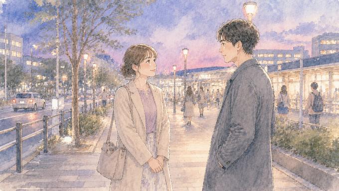 デートの帰り道に人通りのある静かな場所で落ち着いて話す二人