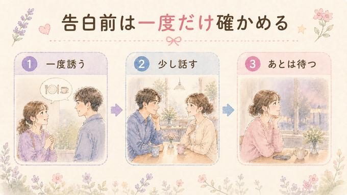告白前に一度誘い、少し話し、相手の反応を待つ三段階の図解