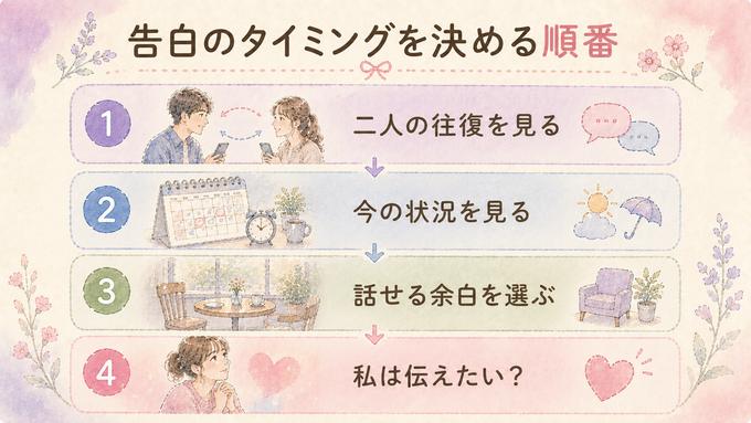 告白のタイミングを二人の往復、状況、話せる余白、伝えたい気持ちで判断するまとめ図
