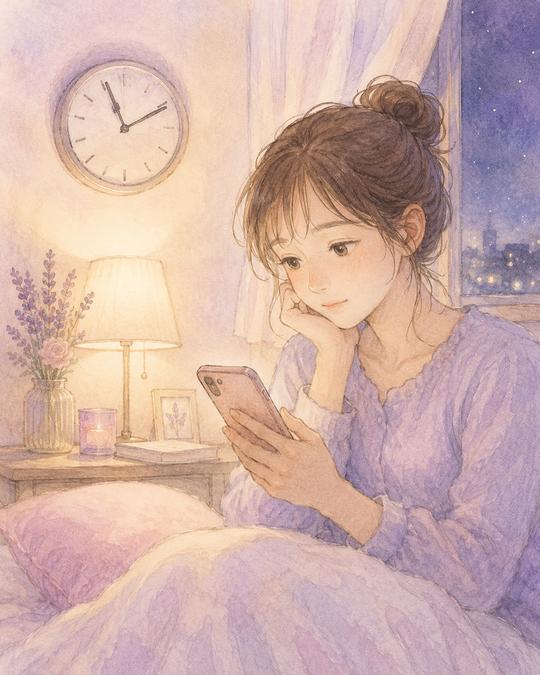 夜にスマホを見ながらLINEを終えるか迷う女性