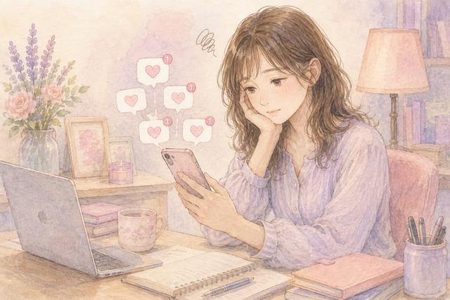 たくさんのLINE通知に少し疲れている女性