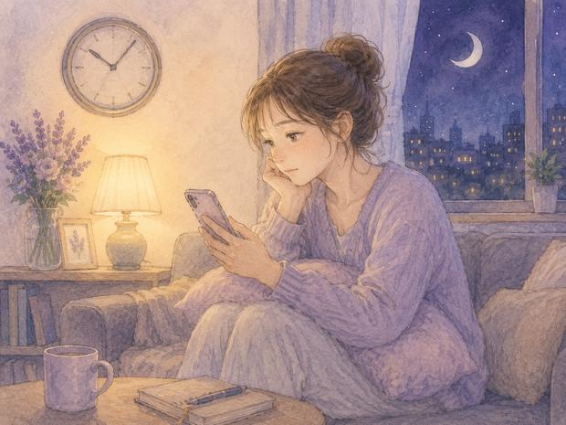 夜にLINEの返信を待ちながらスマホを見る女性