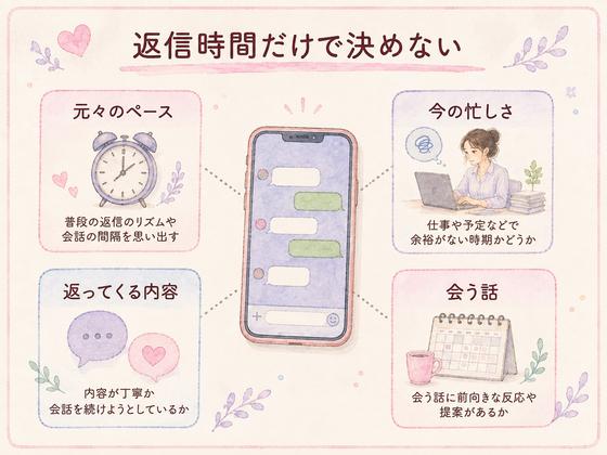 返信が遅いときに見る四つの判断ポイントをまとめた図