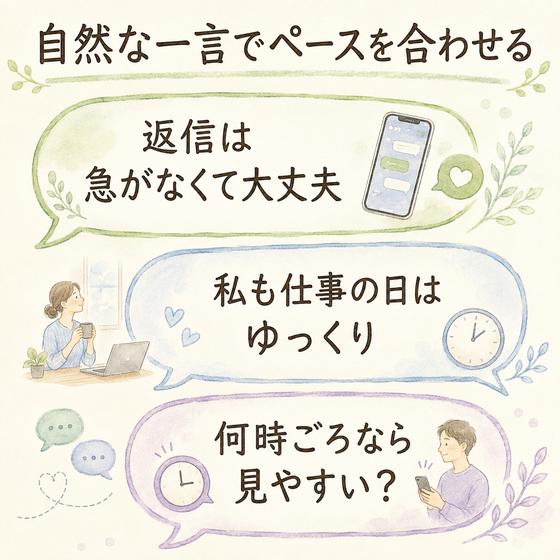 LINEのペースを自然に合わせる三つの会話例を示した図