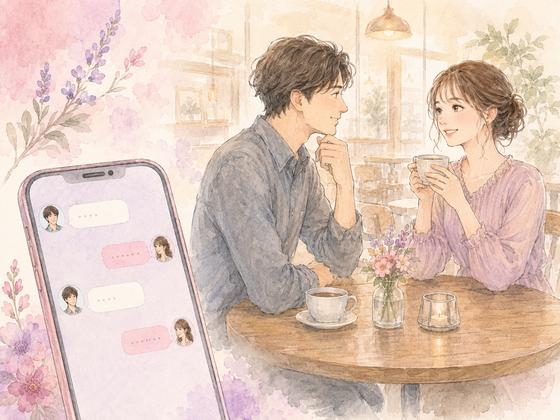 短いLINEを交わしながら実際には楽しそうにカフェで会う男女の場面