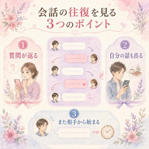 付き合う前のLINEで会話の相互性を見る3つのポイントの図解