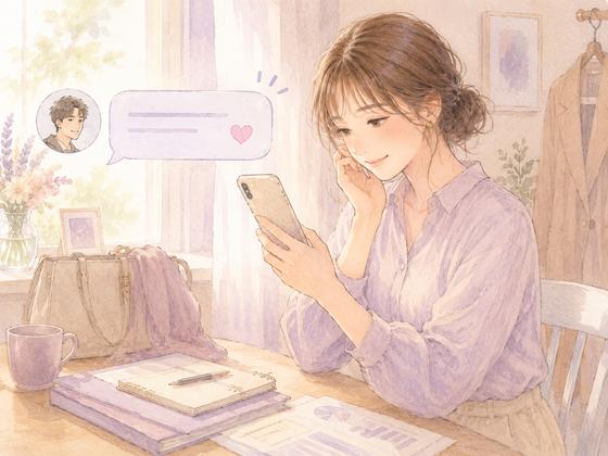 大事な仕事の日を覚えて応援するLINEを受け取る女性の場面