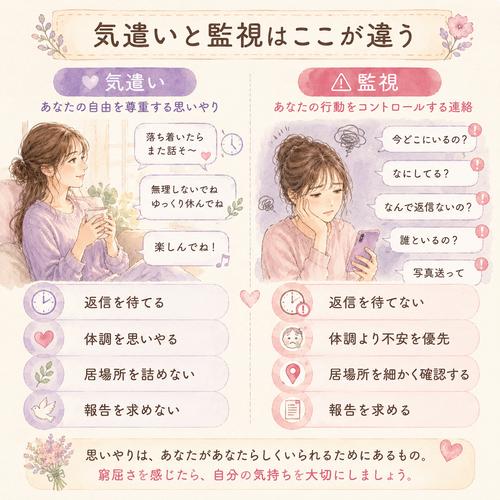 LINEの気遣いと監視的な連絡の違いを比較した図解