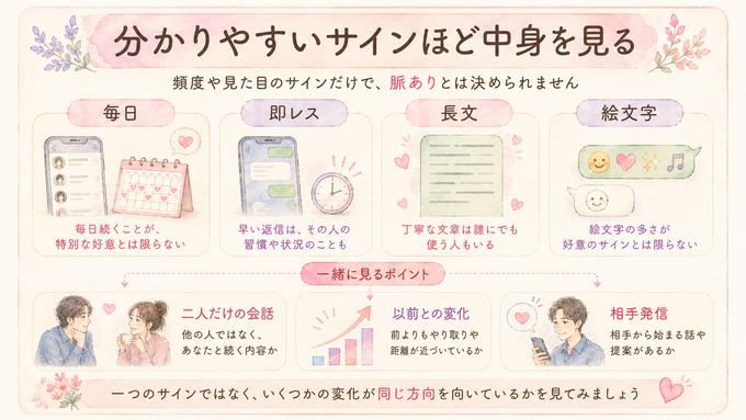毎日LINE、即レス、長文、絵文字だけで脈ありと決めないための判断図