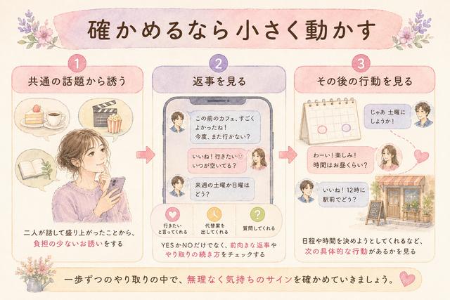 付き合う前のLINEで自然に会う提案をして相手の反応を見る3段階の図解
