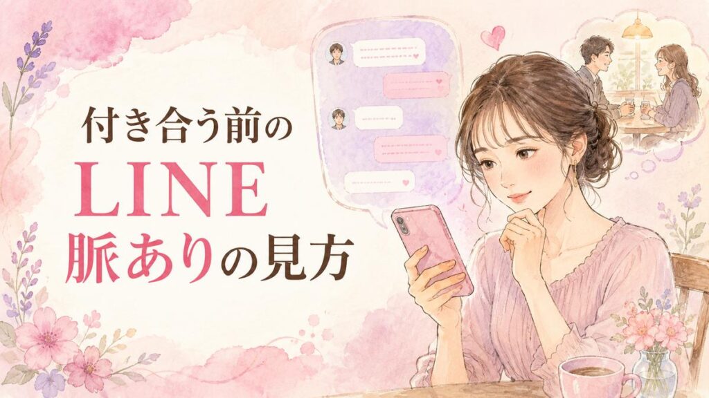 好きな人とのLINEを見ながら脈ありか悩む大人の女性と、会話や次の約束を思わせるやさしいイラスト