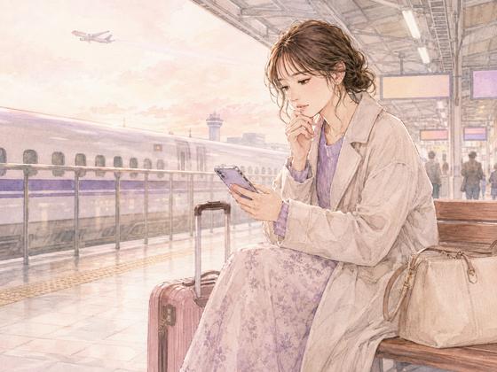 駅でキャリーケースを持ち長距離移動の予定を確認する女性