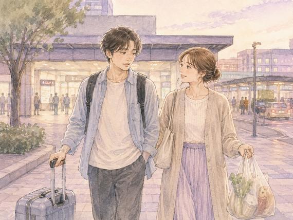 駅で遠距離移動してきた恋人を迎え買い物袋を持って歩くカップル