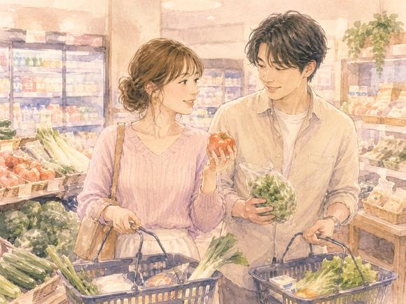 スーパーで夕食の材料を選びながら自然に会話する遠距離カップル