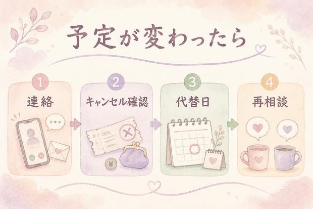 遠距離恋愛で予定が変わったときの連絡から再相談までの四段階を示す図