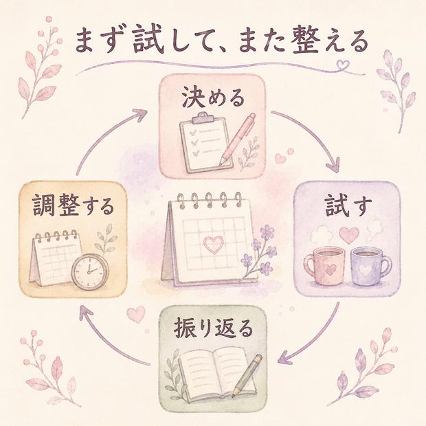 遠距離恋愛の会う頻度を決める・試す・振り返る・調整する流れを示す図