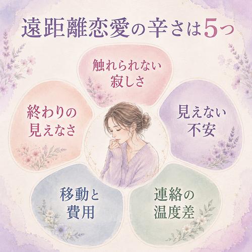 遠距離恋愛の辛さを五つの原因に分けた図解