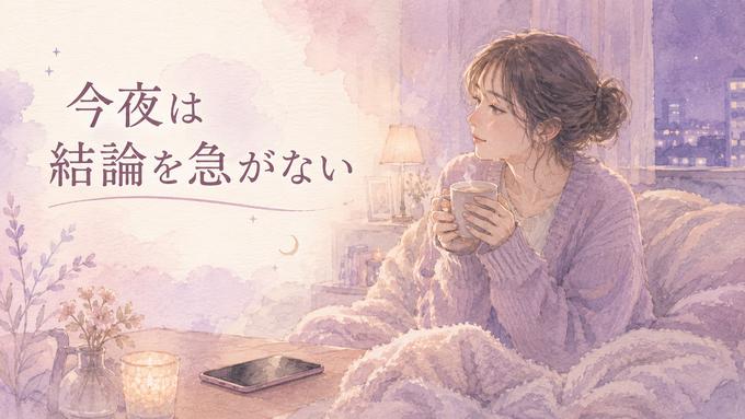 夜の部屋でスマホを伏せ温かい飲み物を手に休む女性