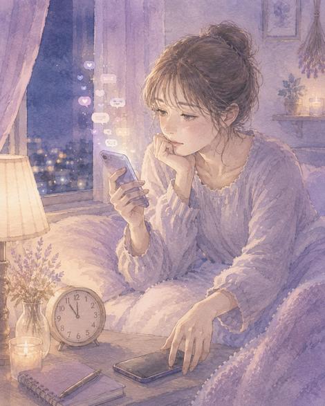 夜にSNSを何度も確認しそうになりスマホを置く女性
