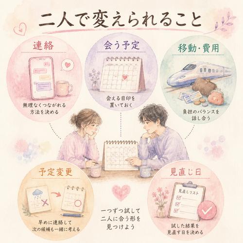 遠距離恋愛で二人が調整できる項目と見直し日を示した図解