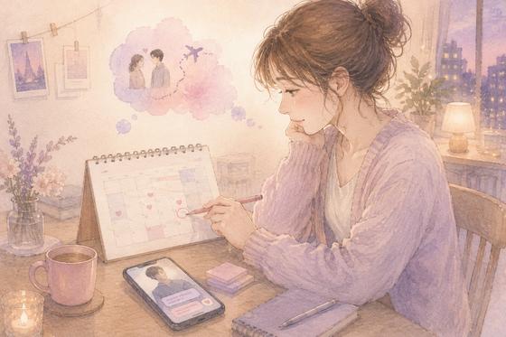 カレンダーを見ながら遠距離の次のデート候補日を考える女性