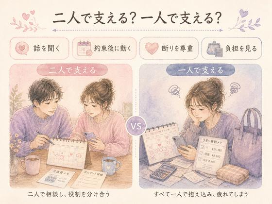 遠距離恋愛を二人で支える状態と一人で支える状態の比較図