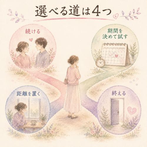 遠距離恋愛で選べる四つの道を並列に示した図解