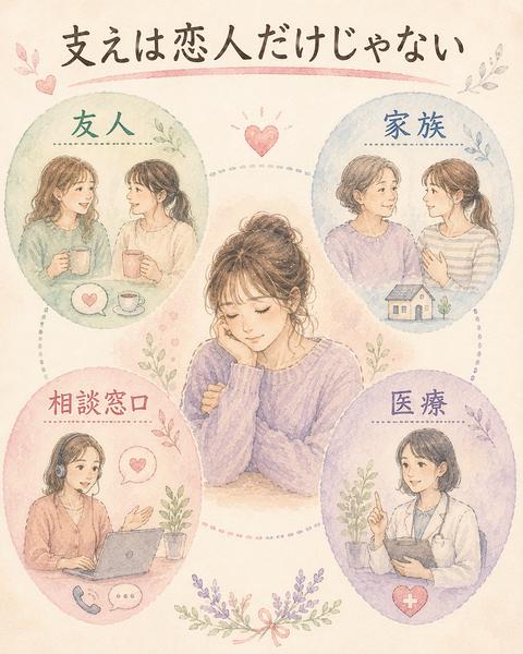 恋人以外の友人や家族、相談窓口、医療へ支えを広げる図解