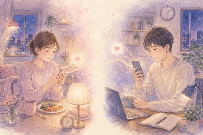 離れた場所でそれぞれ仕事や勉強をしながらスマホで日常を共有するカップル