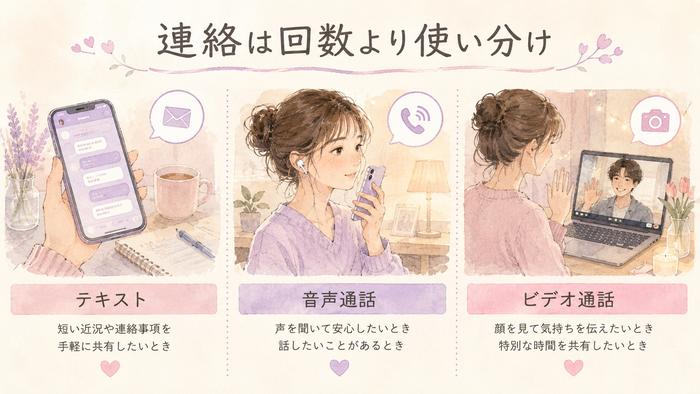 テキスト・音声通話・ビデオ通話の使い分けを示す遠距離恋愛の図解
