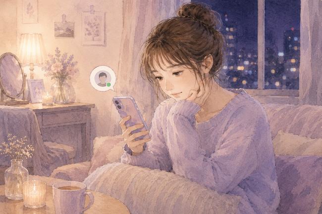 夜にSNSのオンライン表示が気になりスマホを見つめる女性